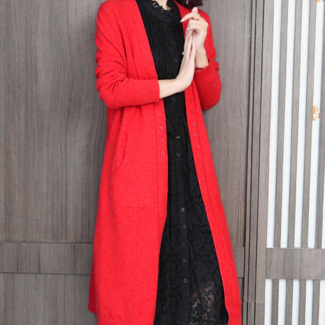 

Вязаный длинный жакет на осень и зиму, свободный и модный, однотонный, больших размеров, женские свитера One size красный