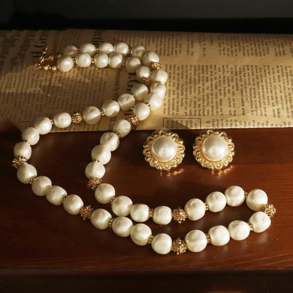 Elegant Baroque Pearl Necklace & Gold-Plated Round Pearl Earring Set