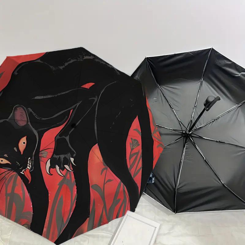 1pc Black Panther with Red Background Umbrella with Plastic Handle,Suitable for All Seasons Home Travel Outdoor UmbrellaDD117