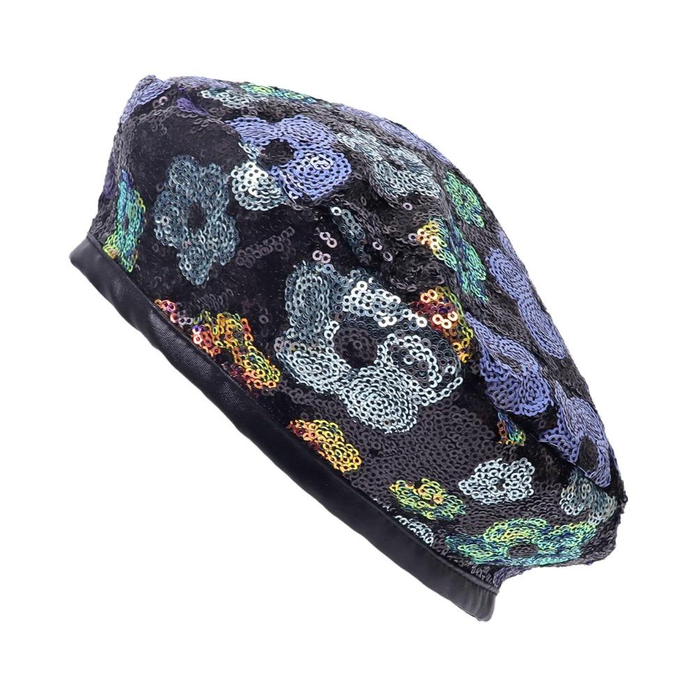 Flower Pattern Sequin Beret Hat Soft Lining Costume Headwear New Painter Cap  Dance Performance чёрный