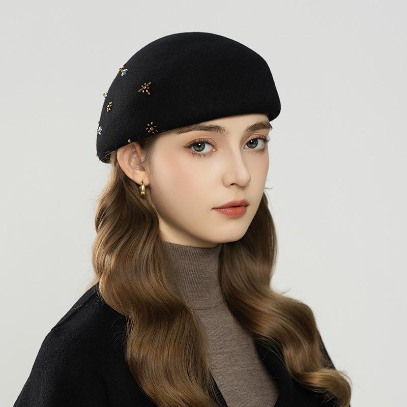 Autumn and winter new fashion wool rhinestones flower decoration British bud hat elegant women's hat