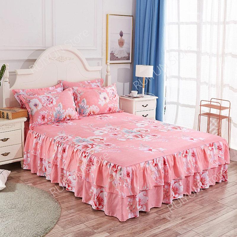 Drucken Weiche Bett Rock Hause Schlafzimmer Doppel Schichten Bett Rock Bettlaken Bett Abdeckung Rock Nicht-slip Matratze Abdeckung Couvre lit Bettdecke