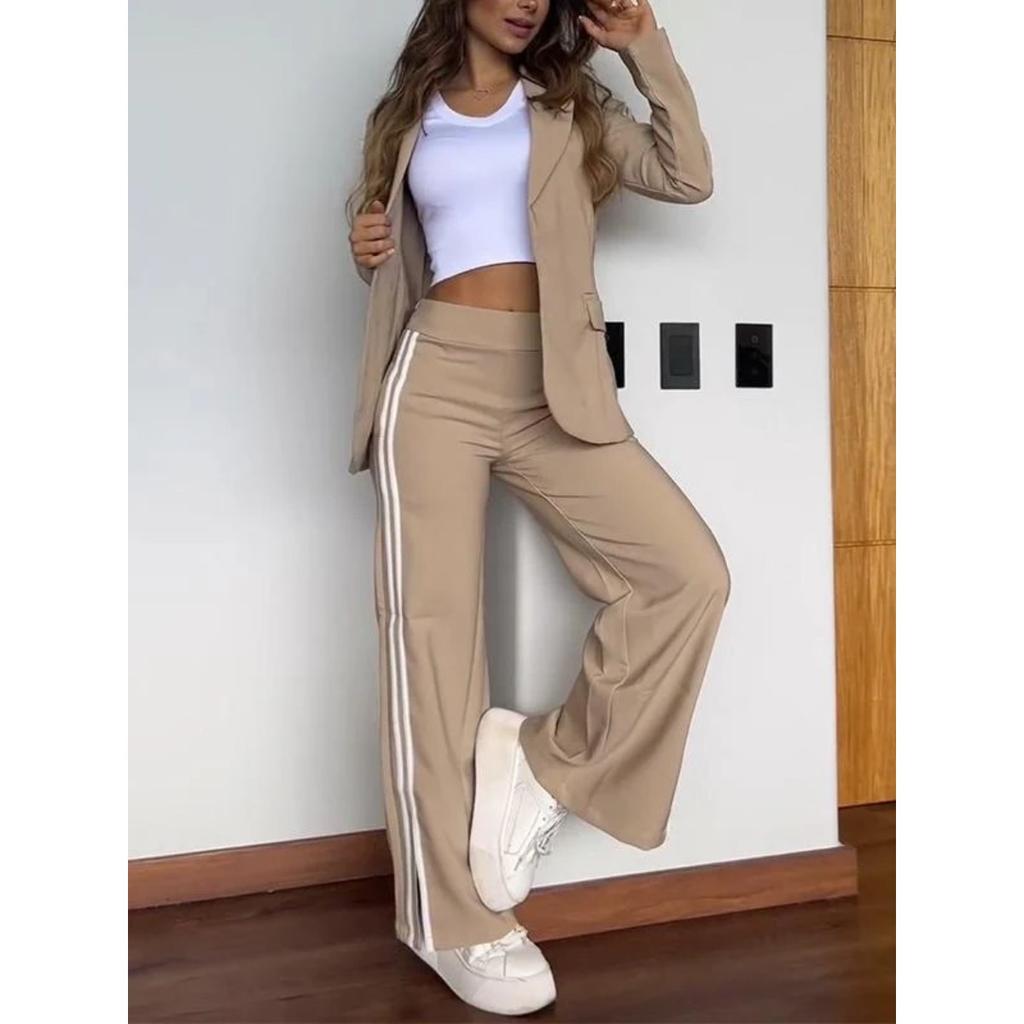 Women's Turn Down Collar Long Sleeve Loose Fit Blazer Two Piece Outfit Side Stripe High Waist Wide Leg Pants Casual Tracksuit Set