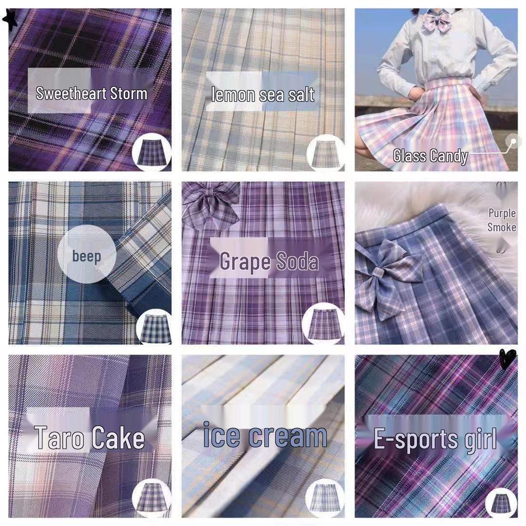 Japanese JK Sailor Suit: Teen Spring/Summer Full Set with Embroidered Shirt & Pleated Grid Skirt