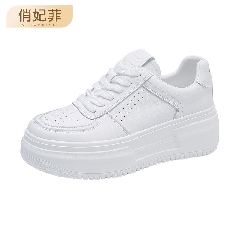 Leather platform white shoes women's 2025 spring new inner height increase breathable versatile casual women's shoes lace-up board shoes women