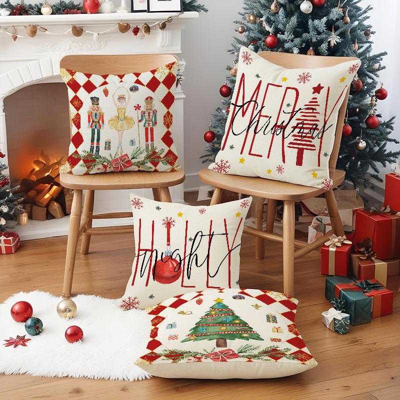 New Nutcracker Christmas Pillowcase Linen Printed Pillowcase Festive Room Sofa Decoration Cushion Cover