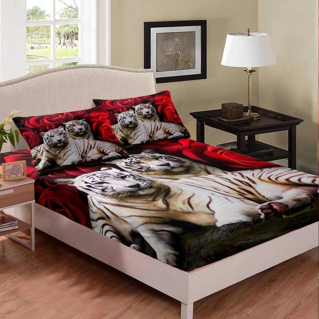 White Tiger Fitted Sheet Queen Size Flowers and Tiger Print Bedding Set for Teens Children Gift Wildlife Animal Floral Theme
