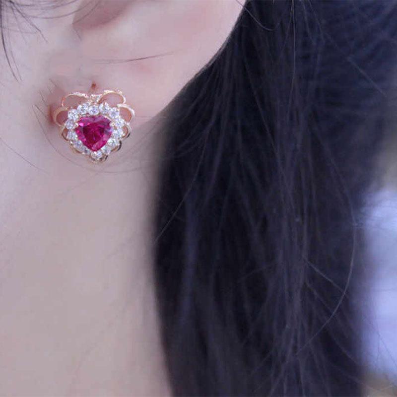 Exquisite And Pure 585 Russian Purple Gold Love Diamond-Encrusted Earrings, Luxury Temperament Rose Gold-Plated Color Gold Earrings For Women