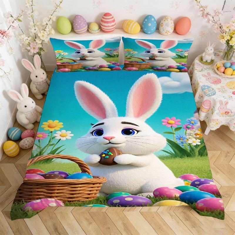 Easter Bedding Pillowcase Quilt Cover 3-Piece Set White Rabbit Holding Easter Egg Pattern,Easter Home Decoration