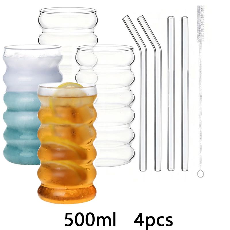 1/2/4 buc Pahare pentru băuturi în formă de val cu paie, Pahare de sticlă vintage, Pahare pentru băutură pentru suc, bere, vin, șampanie, cocktail