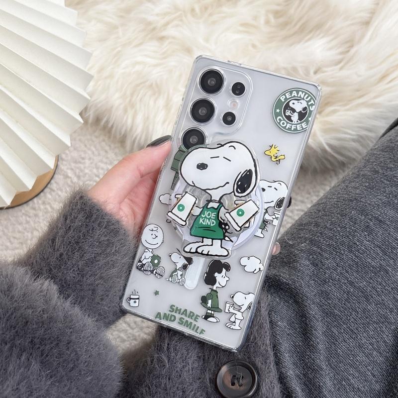 Cute Cartoon Funny Snoopy coffee Phone Case For Samsung S22 S23 S22 S24 S25 S26 Ultra Plus Snoopy Cear TPU Magnetic Cover