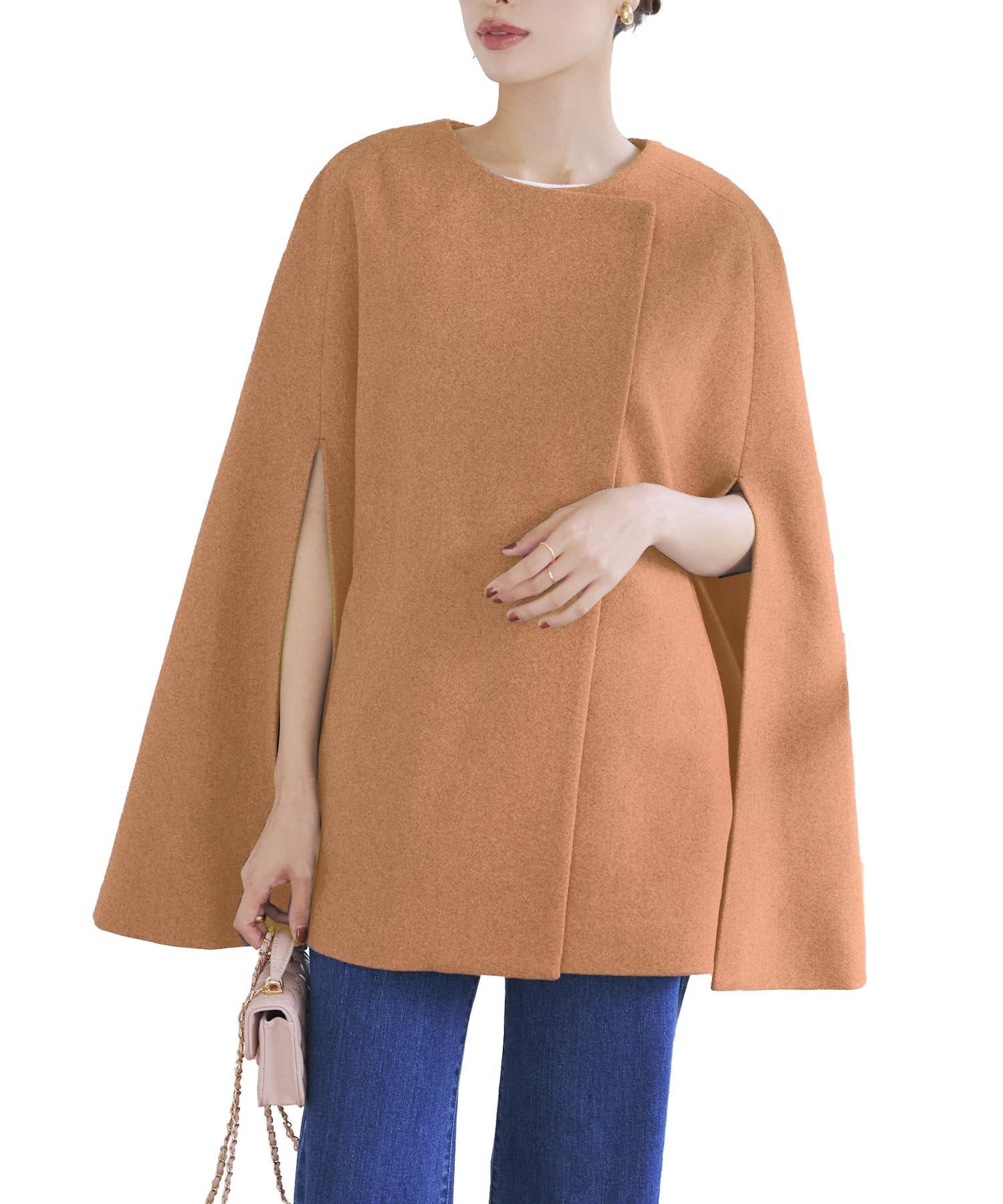 

Пальто-пончо-кейп Kobe Lettuce для женщин цвета кэмел, без воротника, элегантное, высококачественное осенне-зимнее, [K1242] M,