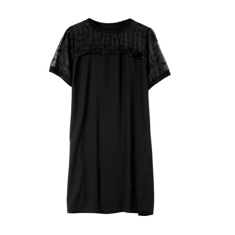 Women's Black Chiffon Summer Dress - Short Sleeves, Slimming, Plus Size, Loose Fit, 2026 New Style for Middle-Aged Mothers