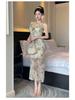 Elegant Slim-Fit V-Neck Mesh Print Camisole Dress