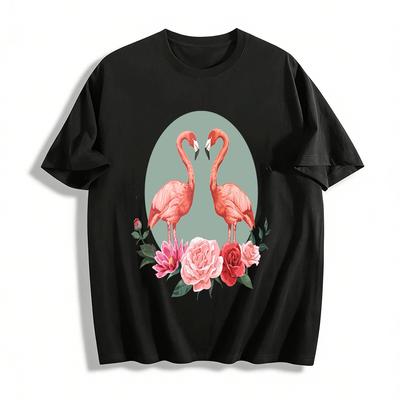 Romantic Flamingo Floral Print Casual Short Sleeve Top Pure Cotton T-shirt