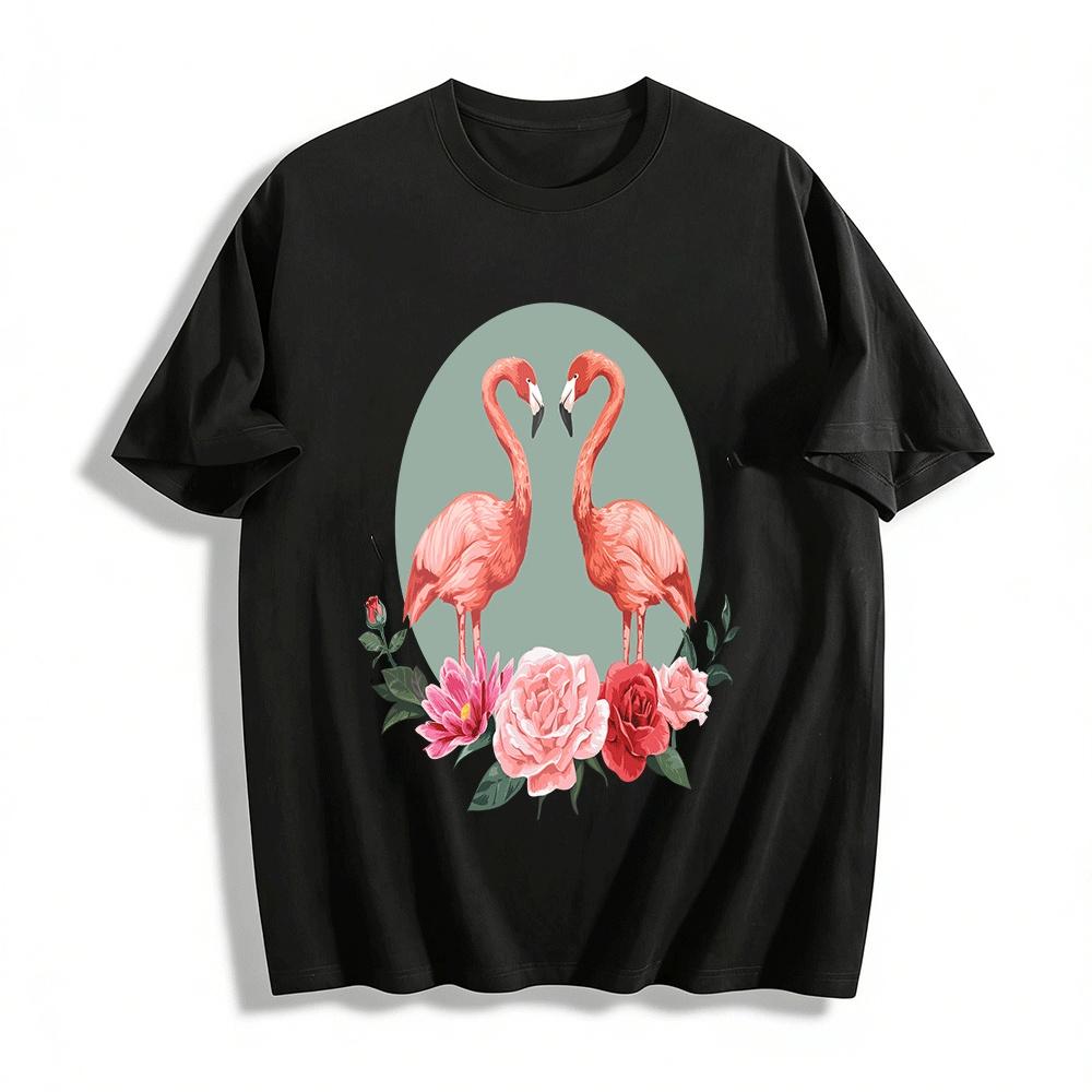 Romantic Flamingo Floral Print Casual Short Sleeve Top Pure cotton T-shirt XXS