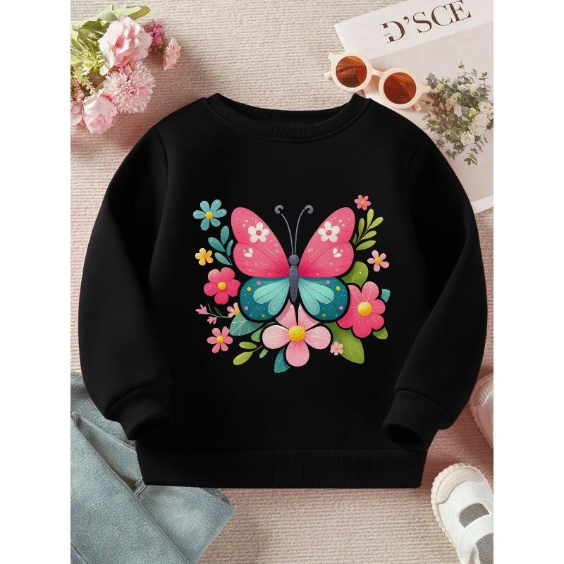 Kids Sweatshirt Butterfly with Flowers Illustration Print Long Sleeve Crewneck Sweatshirt - Soft Casual Pullover Top , Fall Winter Clothing