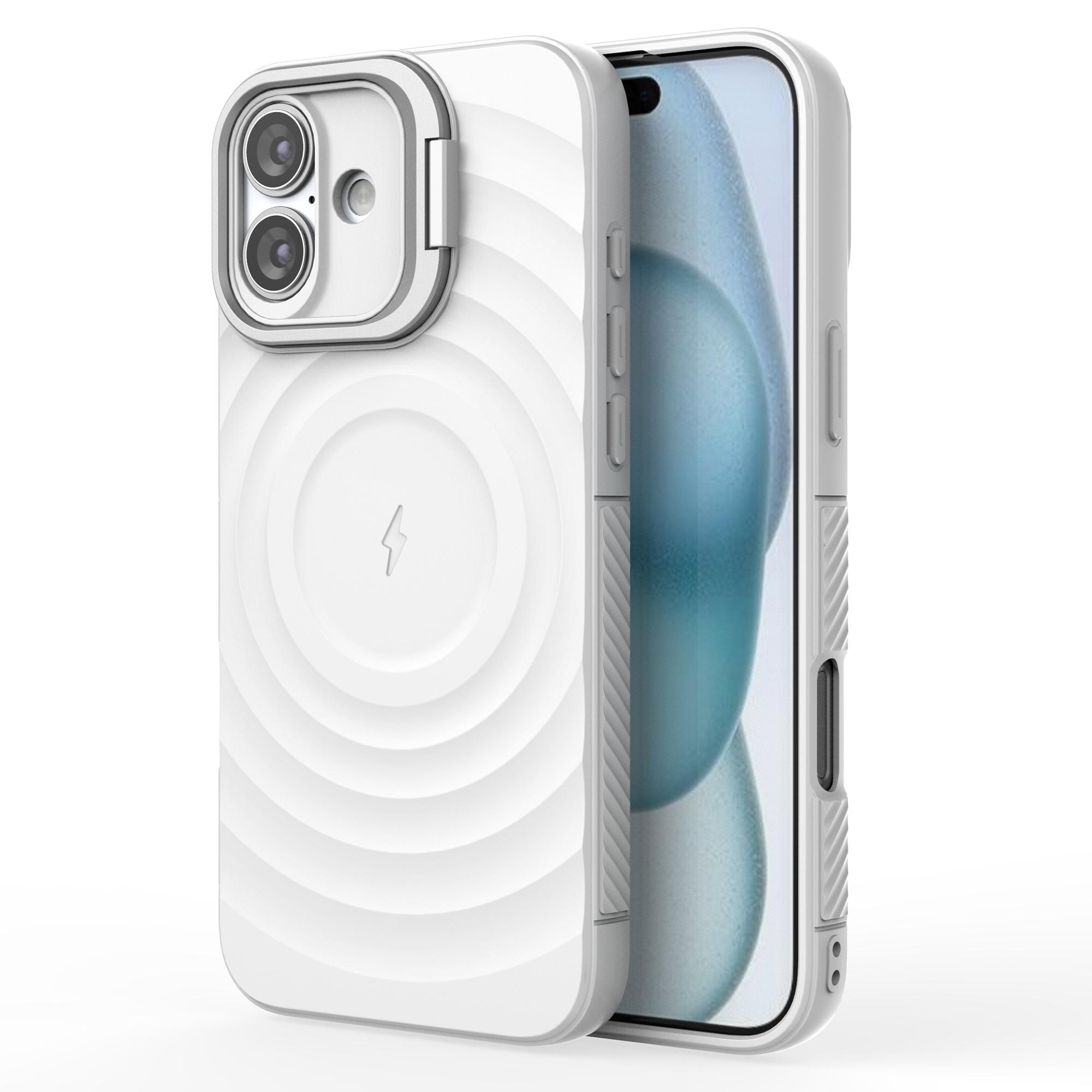 

For iPhone 16 Plus Magnetic Case PC Kickstand Ripple Texture TPU Phone Cover White