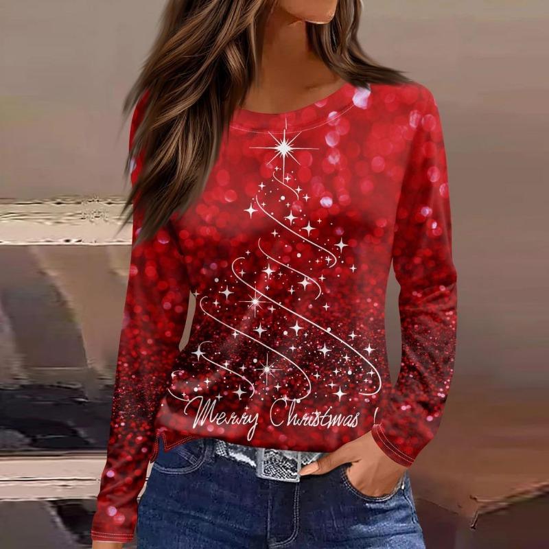Women's Christmas Themed Round Neck Long-sleeved T-shirt with Colorful Christmas Tree Print and Comfortable Polyester Pullover