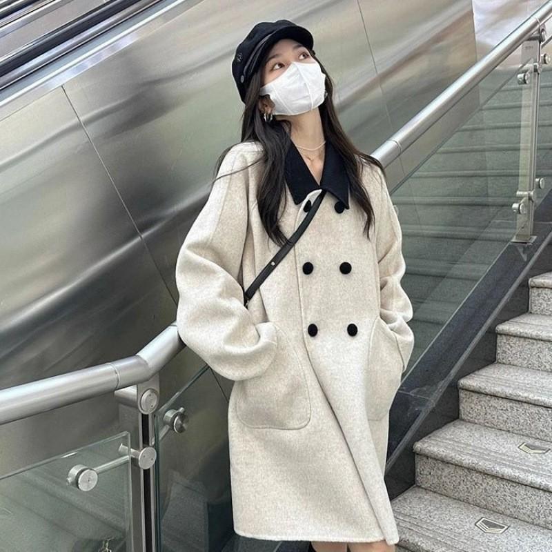 Womens Wool Blend Long Coat Winter Thick Warm Loose Fit Polo Collar Double Breasted Gray
