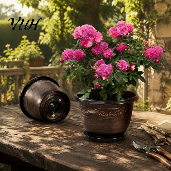 Weather Resistant Garden Pots Resin Flower Planters, Vintage Plant Pot with Drainage Hole & Saucer, Lightweight Classical Patterned Planters