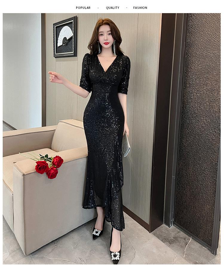 Schwarzes Abendkleid Damen High-End Light Luxury Nische Bankett Gastgeber Pailletten Fischschwanzkleid