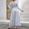 A-Line Dress Women Floral Print Ankle-Length Long Sleeve Casual High Waist Spring Summer V-neck Elastic Dresses