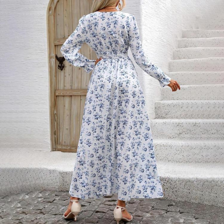 A-Line Dress Women Floral Print Ankle-Length Long Sleeve Casual High Waist Spring Summer V-neck Elastic Dresses