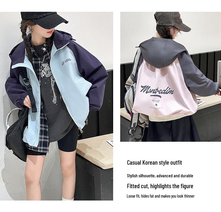 Girls' Color Block Hooded Windbreaker Jacket - 2025 Autumn Trend, Stylish Raglan Sleeve Fashion for Medium & Large Children