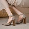 High Heels Women's Spring 2023 New Vintage Wood Grain Thick Heels with Hollow Baotou Sandals