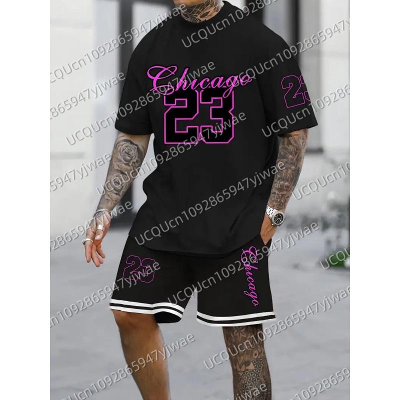 Summer Men's Chicago 23 Print Short Sleeve T-Shirt & Shorts Set Round Neck Gradient Short Sleeved Women's T-shirt Shorts Set