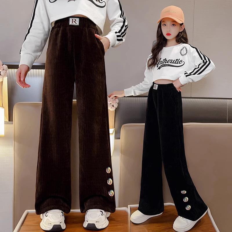 Girls' Sping Autumn Fleece-lined Wide-Leg Casual Pants - Stylish & Cozy for Middle and Big Kids
