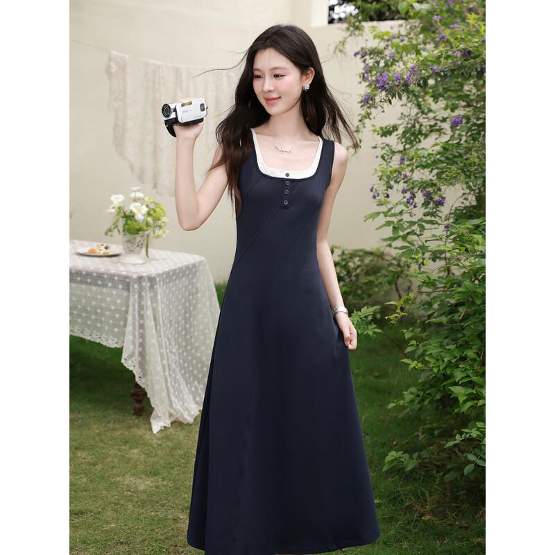 Women s Faux Two-Piece Sleeveless A-Line Long Dress S