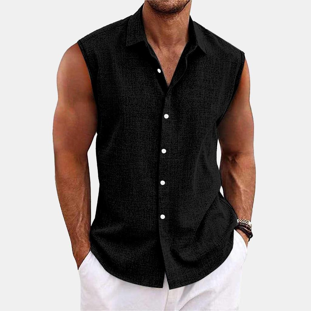 Men's Solid Color Lapel Button Up Vest Shirt T-shirt Top