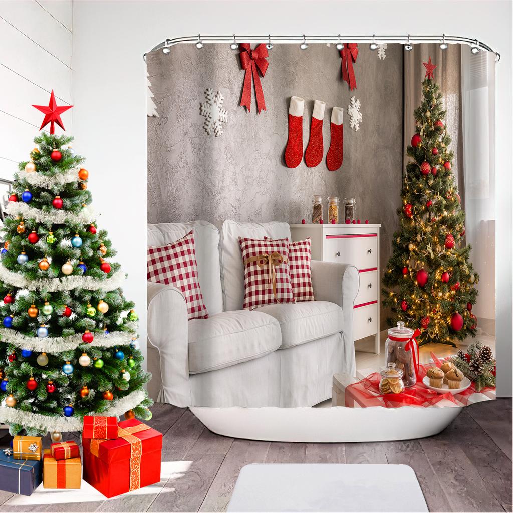 GAEChristmas Printed Bathroom Shower Curtain Snowman Santa Claus Waterproof Polyester Curtain Home Decoration Window Christmas