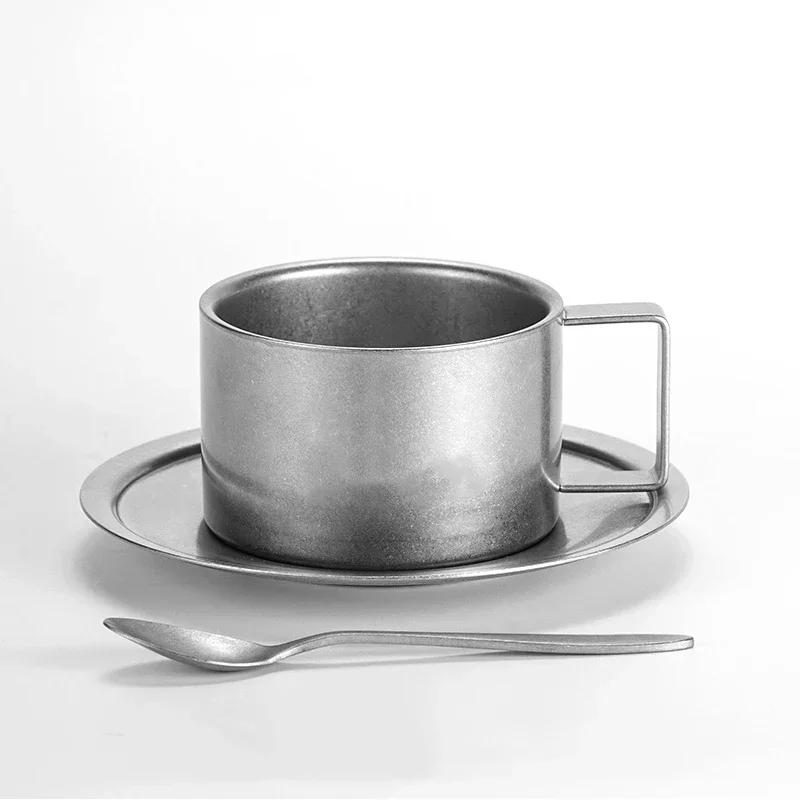 Retro Series Coffee Cup Set Double Wall 304 Stainless Steel with Coffee Spoon Coffee Disc Frosted Industrial Style Tea Cup Set