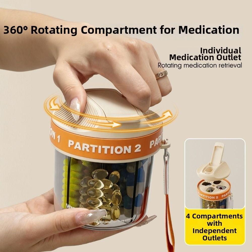 Large Compartments Rotatable Pill Dispenser 4 Grids Pill Storage Box Portable Pill Case Travel