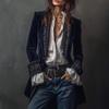 Chaqueta de terciopelo de manga larga para mujer con ribete floral bordado Ropa exterior informal