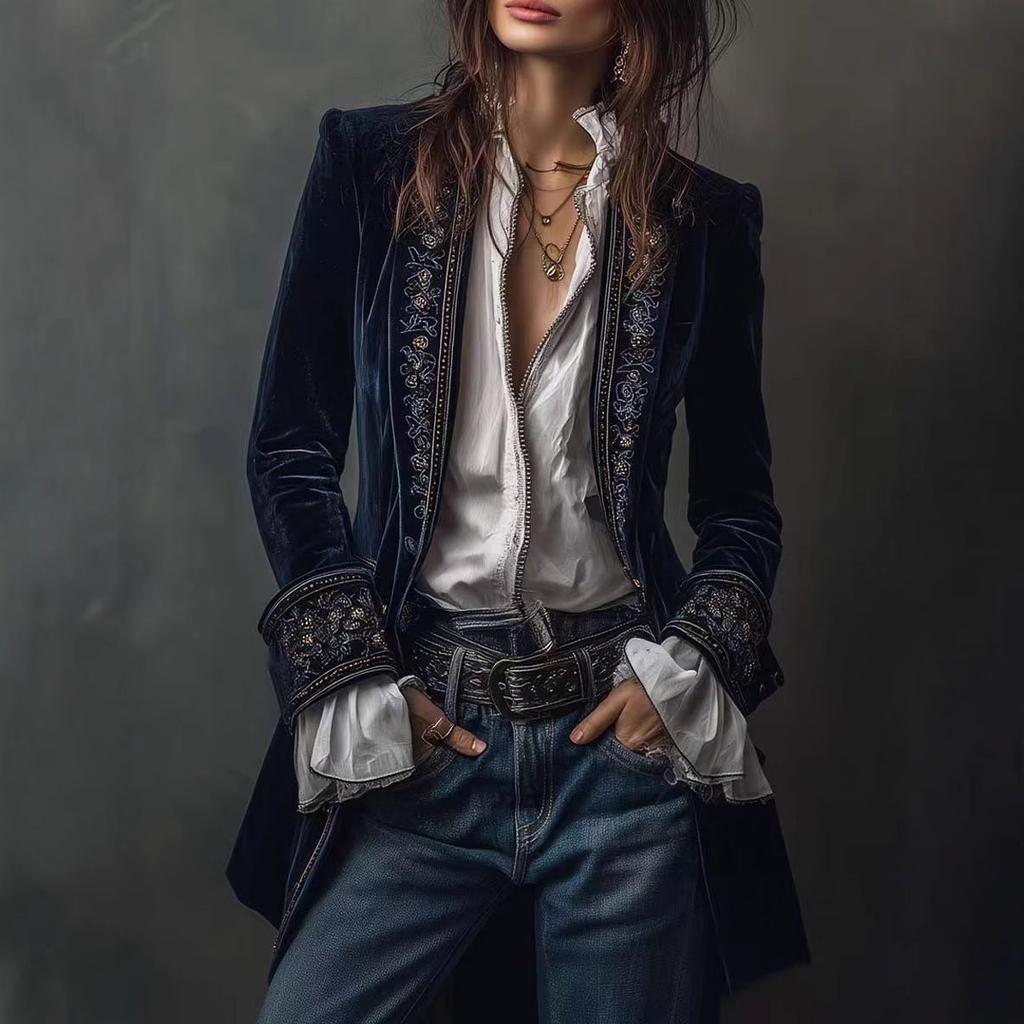 Women Embroidered Velvet Blazer Long Sleeve Open Front Cardigan Elegant Vintage Outerwear