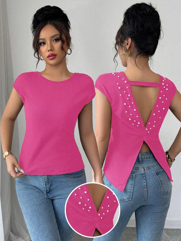 European-American Fashion Women's Solid Color Slim Fit Round Neck Short Sleeve Bodycon T-shirt