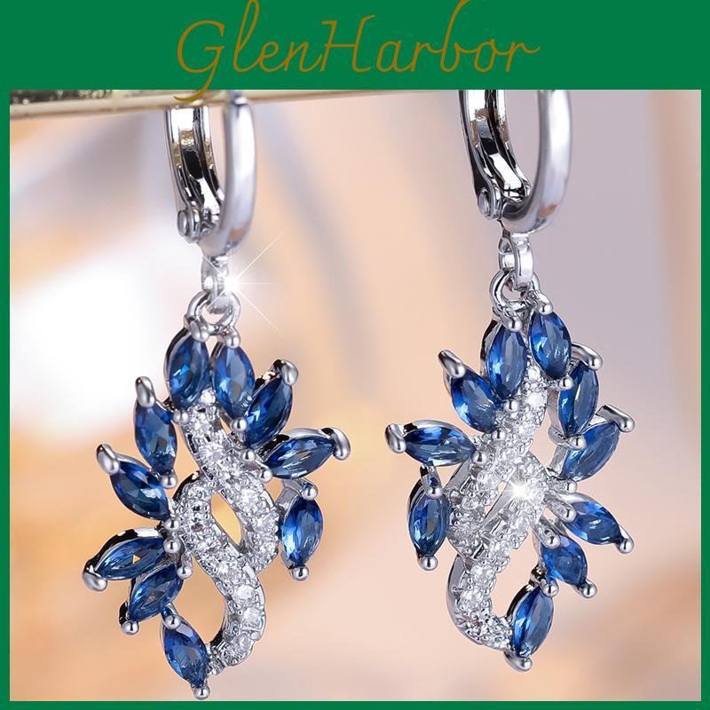 Leaf Royal Blue Zircon Drop Earrings For Women Silver Color Dangle Earrings Classic Elegant Jewelry Gift