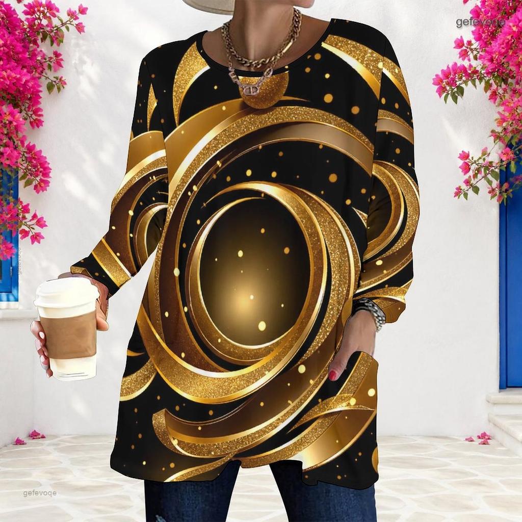 Women Plus Size Round Neck Long Sleeve Black Gold Green Printed Longline T Shirt With Pockets