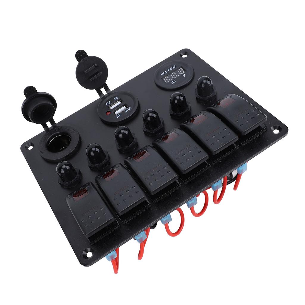 DC 12‑24V 6 Gang Rocker Switch Panel Overload Protection Dual USB Charger with Digital Voltmeter Display for Boats