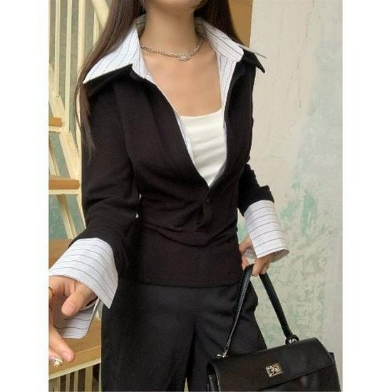 

Женский трикотажный топ с эффектом похудения талии - отложной воротник, длинный рукав, дизайн «два в одном» S✿