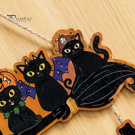Elegant Natural Wood Sign Halloween Wooden Door Sign, Black Cats Broom Front Hanger, Rustic Nordic Style Hanging Welcome for Home Window Wall