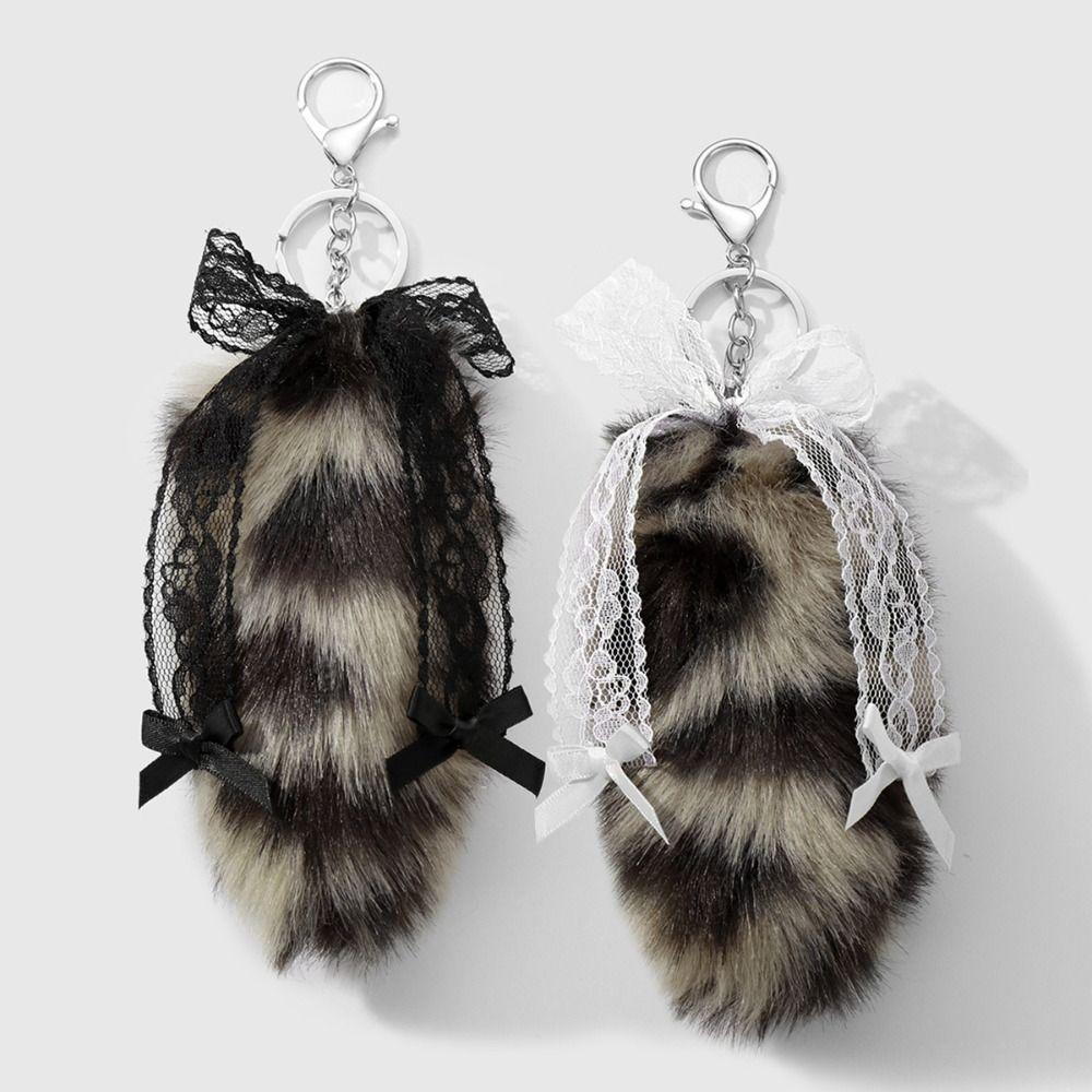 New Y2K Style Fluffy Tail Keychain Lace Bow Leopard Print Bag Pendant Soft Gift Keychain Pendant Backpack Decoration