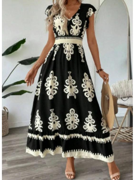 Elegant Floral V-Neck A-Line Dress with Ruffle Sleeves