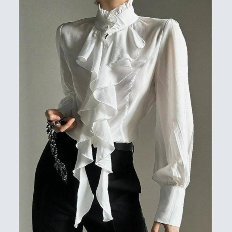 Harajuku Vintage Schwarzes Unterhemd Damen Stehkragen Rüschen Schlanke Blusen Japanisch Viktorianisch Langarm Blusas De Mujer XS weiß