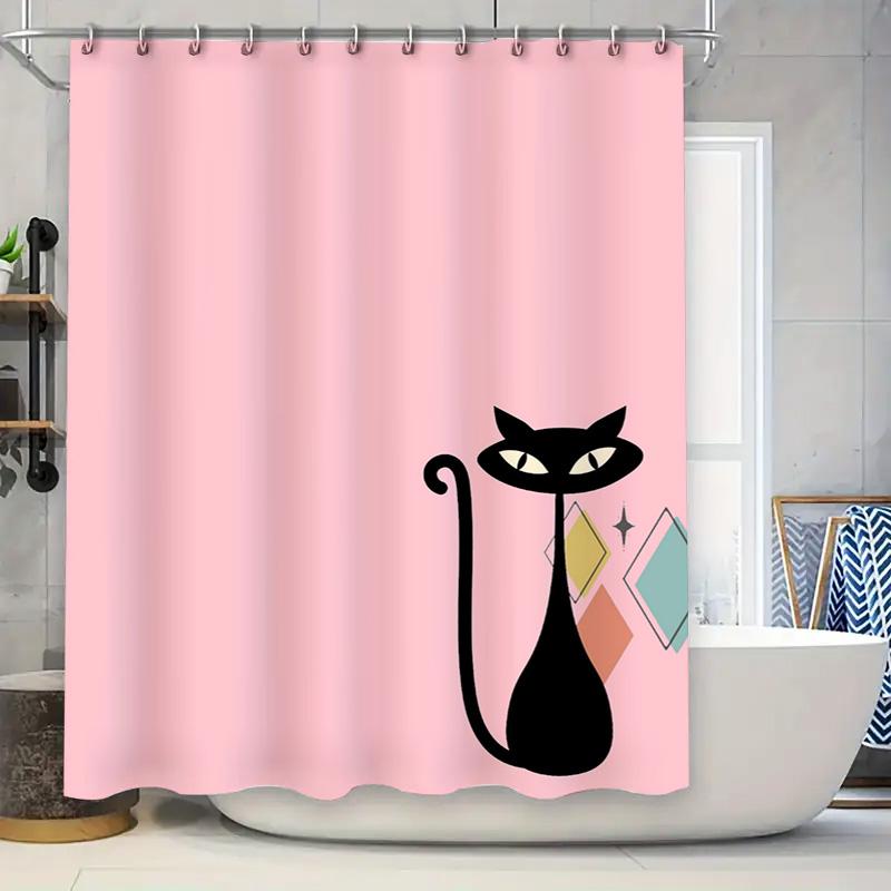 

Black Cat Shower Curtain Pink Polyester Bathroom Decor Waterproof Printed Home Decoration Window Washing Cloth W60H190(CM)-1 Pcs