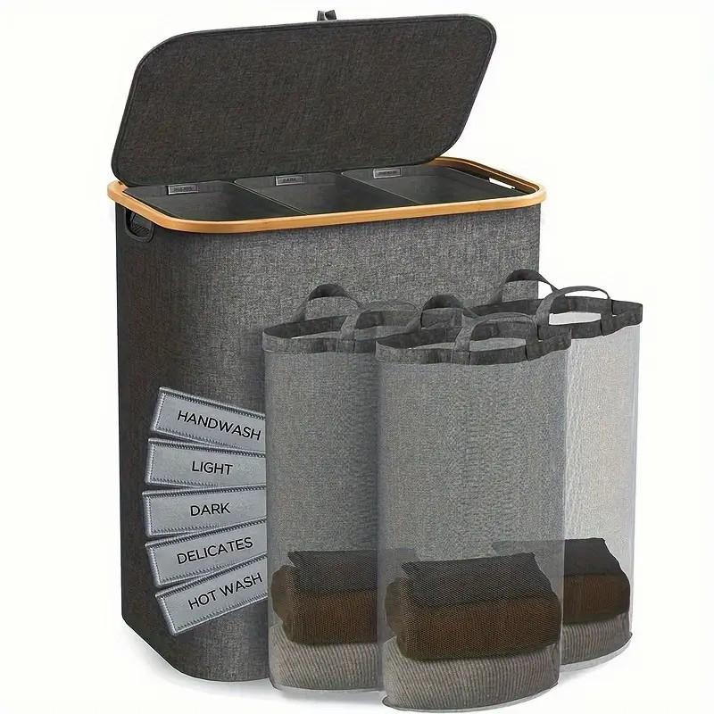 Foldable Bamboo Laundry Hamper with Lid and Inner Bag for Bedroom Storage.